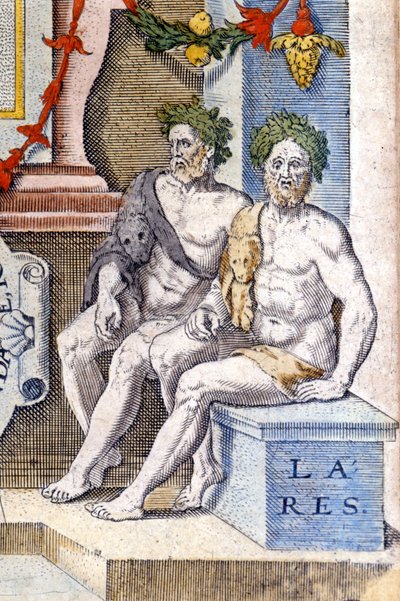 Lares gudar: de skyddar huset och dess invånare (de är förfädernas andar). Gravyr av 1500-talet av Unknown artist