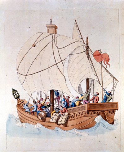 Lastningen av en karavel från 1200-talet är på havet. av Unknown artist
