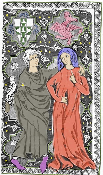 Magikern Merlin the Enchanter möter fen Viviane i skogen Broceliande. Representation av ett e-postmanuskript av Limoges från början av 1400-talet. 1800-talet. av Unknown artist