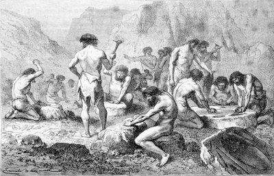 Tillverkning och polering av flinta av förhistoriska män i Pressigny. av Unknown artist