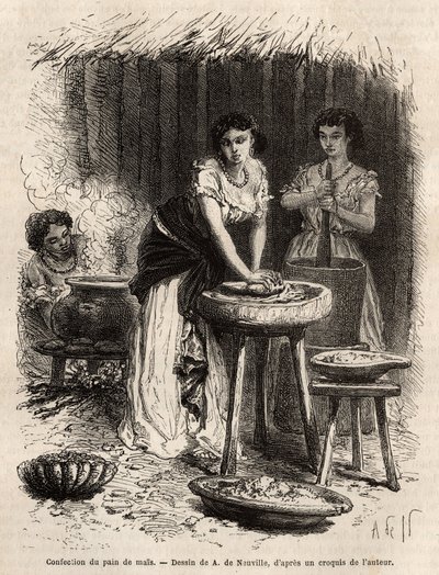 Tillverkning av majsbröd, basen för mat, av kvinnor i Great Cauca Valley (Colombia). Gravyr för att illustrera resan till New Granada, av Dr. Saffray, 1869, publicerad i "" Le tour du monde""" 1873, redigerad av Edouard Charton, upplaga Hachet av Unknown artist