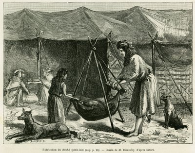 Tillverkning av mjölk av kvinnor från herdar i Karoun-regionen. Gravyr för att illustrera historien La Perse, la Chaldee et la Susiane av Jane Delafoy (1851-1916), akademiofficer, i le tour du monde 1886, regisserad av Edouard Charton (1807-1890), Ha av Unknown artist