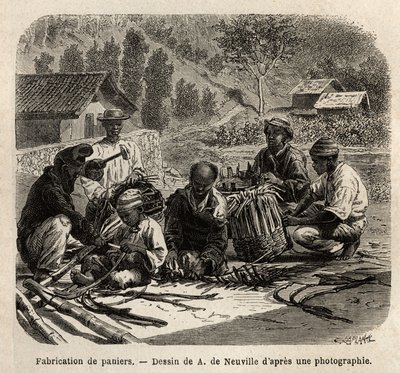 Tillverkning av palmbladskorgar, för insamling av kaffe. Gravyr för att illustrera resan till Brasilien, berättelse av M. och Mme Agassiz, 1865-1866, publicerad i "Le tour du monde, nouveau journal des voyages", under ledning av Edouard Charto av Unknown artist
