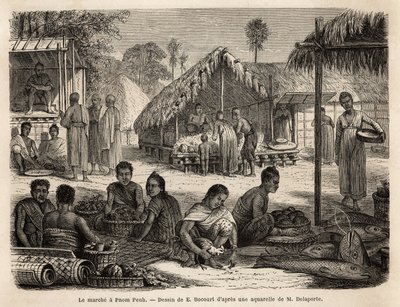 Marknaden i Phnom Penh, där malaysiska butiksägare och kinesiska handlare erbjuder ett brett utbud av konsument- och tillverkningsprodukter. Gravyr för att illustrera upptäcktsfärden i Indokina, av Francis Garnier, löjtnant de Vaissseau, 1866-1868, av Unknown artist
