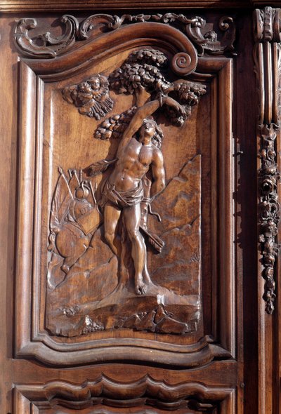 San Sebastians martyrskap, detalj av den snidade trädörren till kyrkan för den obefläckade befruktningen, Menton. av Unknown artist