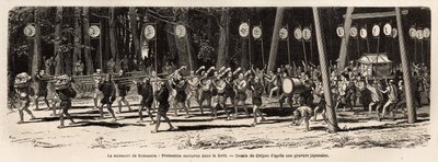 Matsouri (mässa, procession) i Roksamia, Kami-templet i närheten av Yedo (eller Edo, nuvarande Tokyo), den 5:e dagen i den 5:e månaden på året, samlas folkmassan för att samla medicinska örter i skogen och på kvällen anordnar prästerna en av Unknown artist