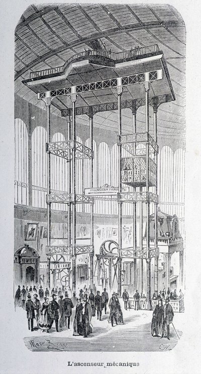 Ingenjören Edoux mekaniska hiss vid världsutställningen 1867 - grav. av Unknown artist