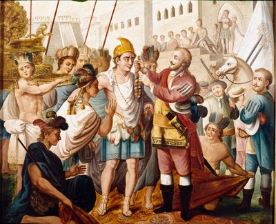 Mötet mellan Hernan (eller Hernando) Cortes eller Fernand Cortez (1485-1547) och den aztekiska kungen Montezuma (eller Moctezuma: 1466 - 1520) i november 1519 Anonym målning av 1800-talet. Museum of America, Madrid. av Unknown artist