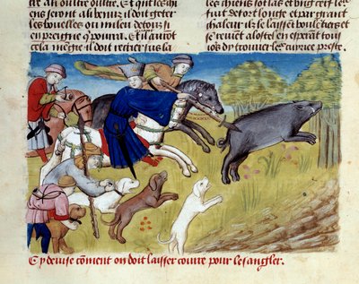 Vildsvinsjakten i miniatyr från "" The book of hunting"" av Gaston III Phoebus, greve av Foix, Lord of Bearn (1331-1391) av Unknown artist