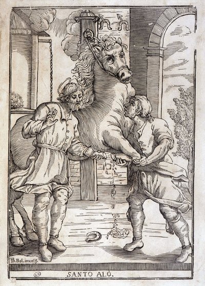 Miraklet av Saint Eloi (läker en amputerad häst) - gravyr av Unknown artist