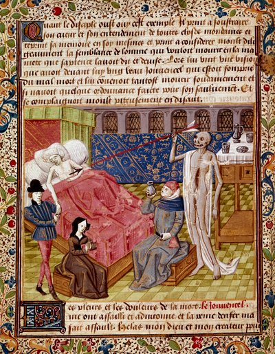 Patienten slås av miniatyrdöden hämtad från "" Le Tresor de Sapience"" (eller "Le traite du jardin amoureux") av Jean Gerson (1363-1429) Chantilly från 1400-talet, Musee Conde av Unknown artist