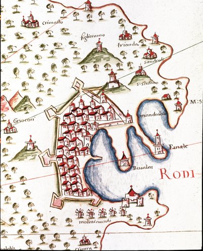 Rhodos hamn i Grekland (Detalj av portulan av Castellini av Unknown artist