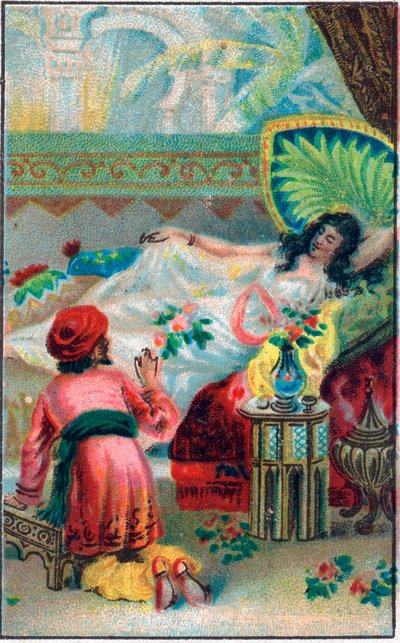 Prinsen och prinsessan. Saga "" Berättelsen om den förtrollade hästen"" i "De tusen och en natt" (de 1001 nätterna eller Le mille e una notte, Arabiska nätter). Kromolitografi från slutet av 1800-talet. av Unknown artist
