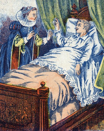 Prinsen visar ringen för sin mamma. Anonym illustration till berättelsen "" Åsneskinn" av Charles Perrault (1628-1703), fransk författare. Bildmaterial Marcel Vagne, Jarville Nancy, odaterat (slutet av 1800-talet). av Unknown artist