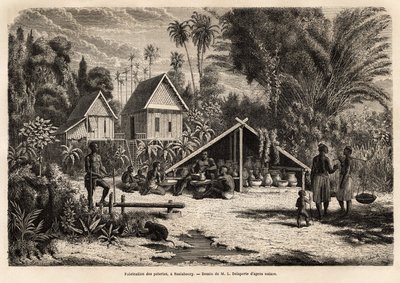 Tillverkning av keramik i Saniaboury (Laos). Gravyr för att illustrera upptäcktsfärden i Indokina, av Francis Garnier, löjtnant de Vaissseau, 1866-1868, publicerad i "" Le tour du monde""" 1870-1871, redigerad av Edouard Charton, upplaga Hac av Unknown artist
