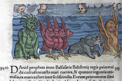 Profeten Daniel ser monster dyka upp: Haniel, Kafziel, Azriel, Aniel. Gravyr från "The Book of Prodigiorum ac ostentorum Chronicon Basileae" av Wolfhart (Conrad Lycosthene) 1557 av Unknown artist