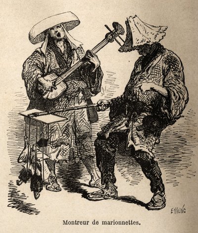 Dockteatern och musikern som följer med honom för gatuunderhållning. Gravyr för att illustrera resan till Japan, av Aime Humbert, minister för Schweiziska edsförbundet, 1863-1864, publicerad i "" le tour du monde", under ledning av Ed av Unknown artist