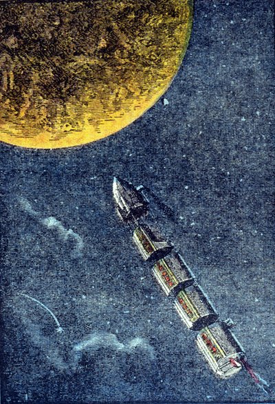 Raketen sköt upp i rymden och anlände till månen - grav. i "Från jorden till månen"" av Jules Verne av Unknown artist