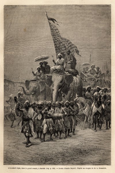 Den kungliga fanan, i sowari (militär procession), i Baroda (eller Vadodara), delstaten Gujarat på Indiens nordöstra kust. Gravyr för att illustrera Rajahernas resa i Indien, av Louis Rousselet, 1864-1868, publicerad i "" Le tour du monde av Unknown artist