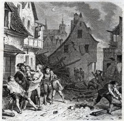 Lilles rakskål. En episod från belägringen av Lille 1792 under de franska revolutionskrigen - Le siege de Lille en octobre 1792 - Revolution francaise - Bombardement av österrikare och preussare - Barberaren använder en halv bomb som skäggfat - engr av Unknown artist
