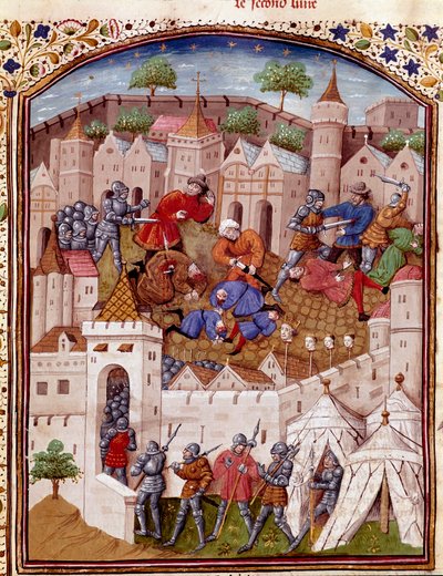 Belägringen av en stad och massakern på dess invånare Miniatyr hämtad från "The Facts of the Romans" (eller Li Fet of the Romans), sammanställer Saluste och Suetoine och Lucan. 1400-talet (ms. 1055, fol. 417) Chantilly, Musee Conde av Unknown artist