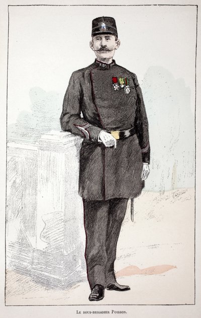 Underbrigadieren (underbrigadgeneralen) Poisson. Etsning i färger, för illustration "" Histoire du corps des gardes de la paix""" bok publicerad i regi av Louis Lepine (1846-1933), prefekt för polisen på Seine, av Alfred Rey (1864-?) och Louis av Unknown artist