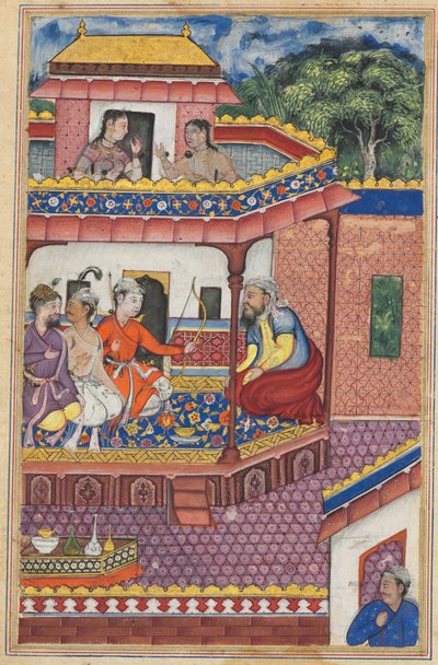 De tre unga männen presenterar sig som friare för Zuhras hand, dottern till köpmannen i Kabul, från en Tuti-nama (Berättelser om en papegoja): Trettiofjärde natten av Unknown artist
