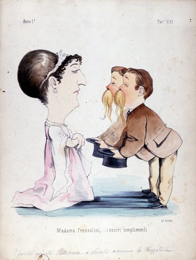 Tvillingbröderna Pelliccia tog emot Erminia Frezzolini, den italienska sopranen (1818-1884). Tecknad film från 1800-talet. av Unknown artist