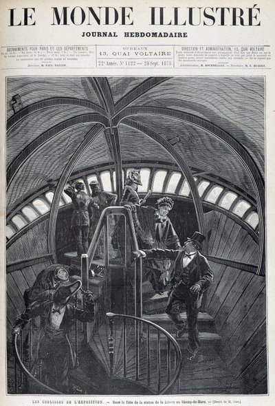 Besöket av insidan av huvudet på Frihetsgudinnan på den universella utställningen - i "The Illustrated World"" av 28/09/1878 av Unknown artist