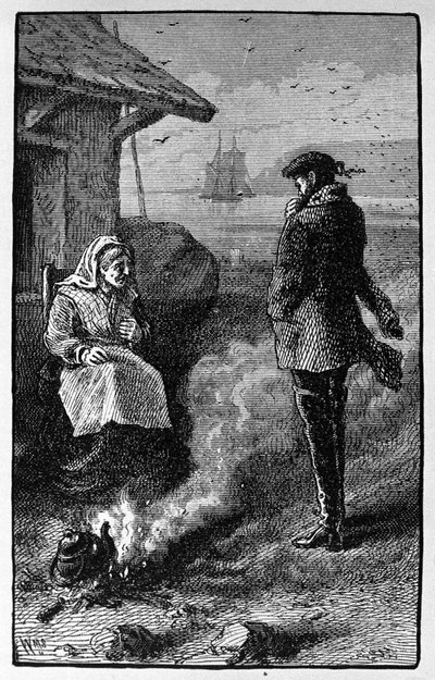 Häxan Bessie Millie, som bor på ön Pomona (Orkney), säljer påsar med vindar som är gynnsamma för sjömän. Illustration av Walter Scotts berättelse från 1814. Gravyr från 1800-talet av Unknown artist