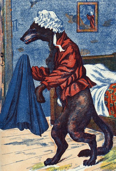 Vargen tar på sig mormoderns kläder. Anonym illustration till "Rödluvan", berättelse av Charles Perrault (1628-1703), fransk författare. Bildmaterial Marcel Vagne, Jarville Nancy, odaterat (slutet av 1800-talet). av Unknown artist
