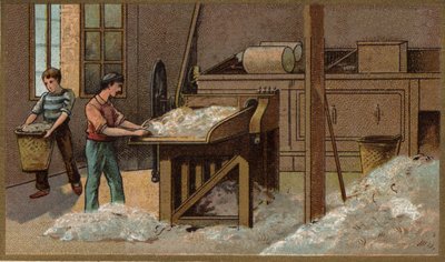 Ullindustrin: tröska. Kromolitografi från slutet av 1800-talet av Unknown artist