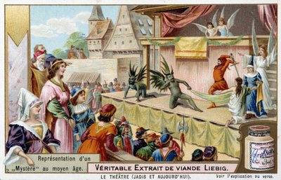Teater: representation av ett mysterium under medeltiden - Liebig-kromolitografi av Unknown artist