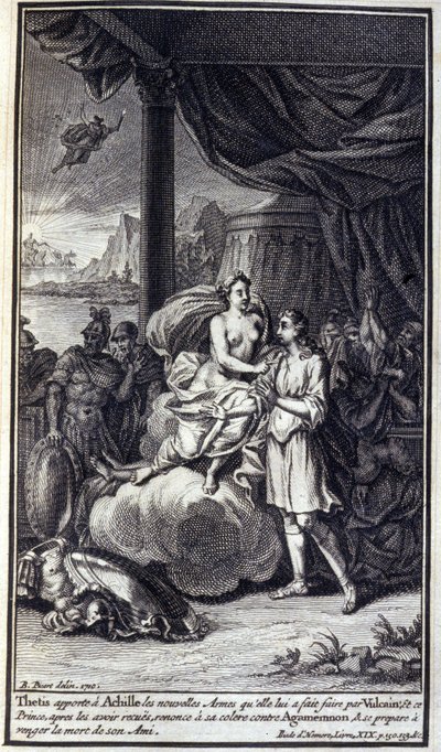 Thetis ger Akilles de nya vapen som hon gjorde till honom av Vulcan; och denna prins, efter att ha tagit emot dem, avsäger sig sin vrede mot Agamemnon och förbereder sig för att hämnas sin väns död. Illustration av bok XIX av Iliaden av Homere, Frenc av Unknown artist