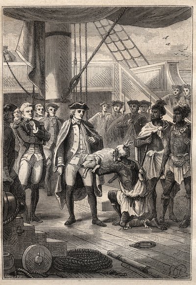 Tredje resan (1776-1779) av kapten James Cook (1728-1779): Präst Koah erbjuder en liten gris till Cook, ombord på fartyget Resolution (Hawaii) - illustration från "The Great Mariners of the 18th century" av Unknown artist