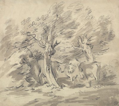 Tre kor som står under en grupp träd av Unknown artist