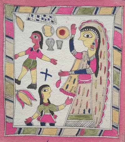 Tre figurer: kvinna med två barn som spelar boll av Unknown artist
