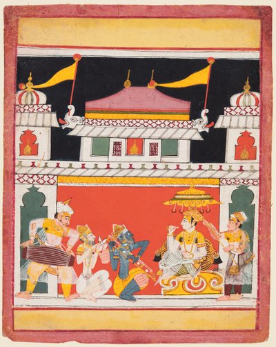 Tre musiker uppträder före en kung: Shri Raga, från en Ragamala av Unknown artist