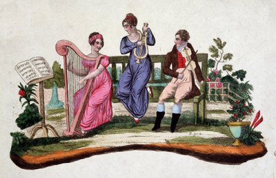 Tre personer som spelar musikinstrument i en trädgård: harpa, lyra, viola. Etsning sd. av 1700-talet. av Unknown artist