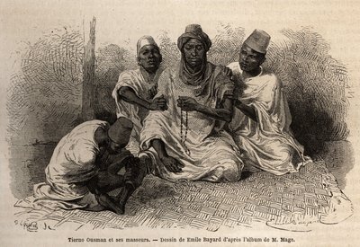 Tierno Ousman, från Toucouleur-stammen, chef för byn Guemmou Koura (Mali), håller ett muslimskt radband med stora korn, rätar upp sina böner, medan hans massörer masserar hans rygg och ben. Gravyr för att illustrera resan till västra Sudan av Lieute av Unknown artist