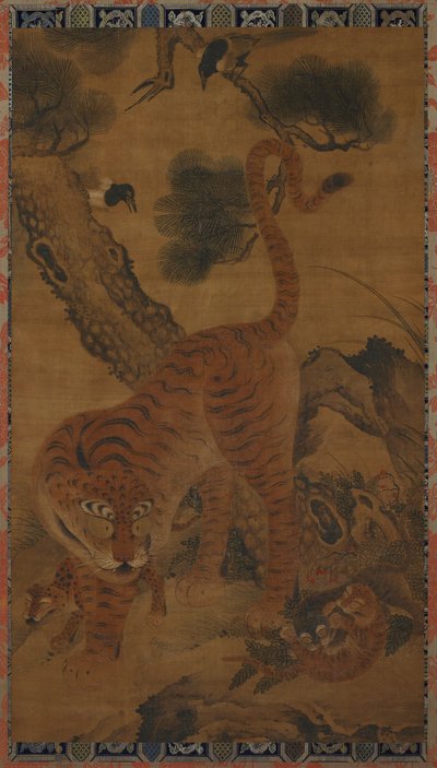 Tiger med ungar och skator av Unknown artist