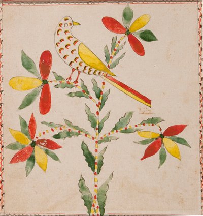 Liten gul och röd fågel på blommande kvist av Unknown artist