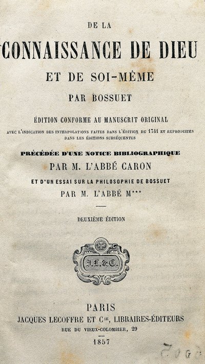 Titelsidan för "Kunskapen om Gud och jaget självt" av den franske teologen och biskopen Jacques-Benigne (Jacques Benigne) Bossuet (1627-1704). 1857. av Unknown artist