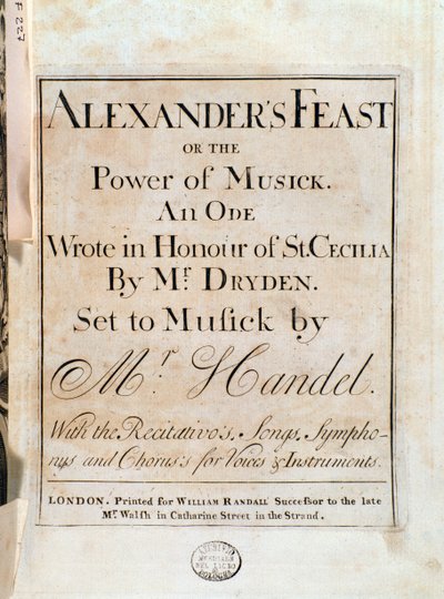 Titelsida av musikaliska partitur av Alexanders fest av GF Handel av Unknown artist