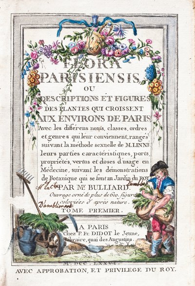 Titelblad till 1:a volymen, Flora Parisiensis eller Beskrivningar och figurer av de växter som växer runt Paris av Unknown artist