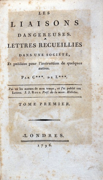 Titelsidan för boken "Dangerous Liaisons" av Choderlos de Laclos, London av Unknown artist