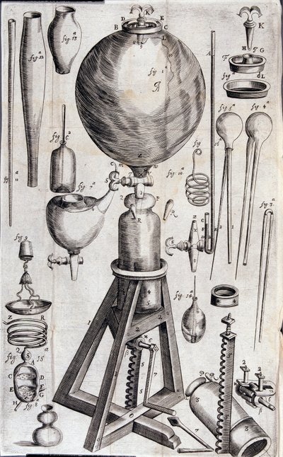Verktyg för vetenskapliga experiment - i "Nya fysik-mekaniska experiment om elastiskt luftkraft och dess effekter, gjorda till största delen i en ny pneumatisk maskin" av Robert Boyle av Unknown artist