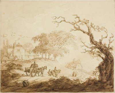 Resenärer med hästar och vagn på väg förbi hus av Unknown artist