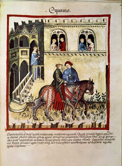 Behandla medicin: "" fördelarna med ridning"" Sidan hämtad från "" Tacuinum sanitatis"" (Cod. ser. nov. 2644) Runt 1400 Wien, Osterreichische Nationalbibliothek av Unknown artist