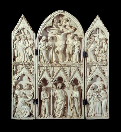 Triptyk av Saint-Sulpice du Tarn: Korstransport, Korsfästelse, Nedstigning av korset, Tillbedjan av Magi, Glorious Virgin, Presentation vid templet. Snidade reliefstrumpor i elfenben. Omkring 1300 Paris, Nationalmuseet för medeltiden, Thermes d av Unknown artist